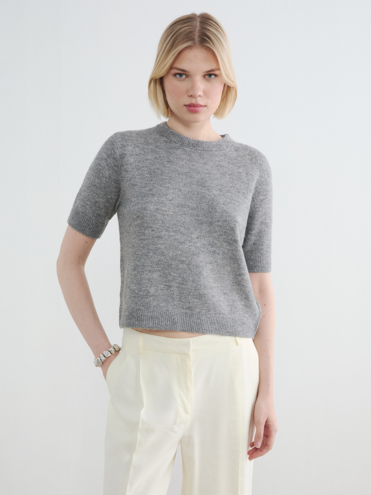 FLR F-55 KNIT LACE, 43(27.6), グレー LCW Vision Pulover Tricotat Cu Guler Rotund Pentru Femei