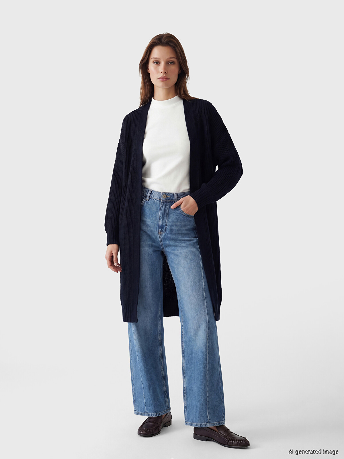 LCW Modest Lacivert Şal Yaka Oversize Kadın Triko Hırka - W6H605Z8