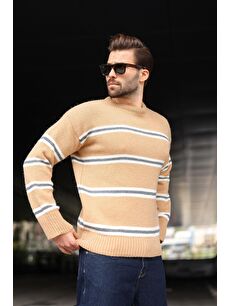 Madmext Kahverengi Camel Çizgili Bisiklet Yaka Triko Erkek Kazak