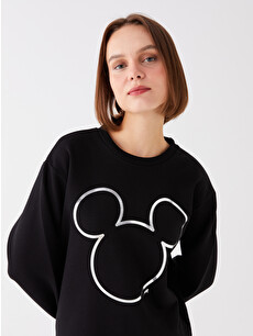 mikiko LCW Vision Siyah Bisiklet Yaka Mickey Mouse Baskılı Uzun Kollu