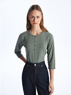 LCWAIKIKI Basic Haki Kadın Bisiklet Yaka Düz Tişört - S4I349Z8-GZA