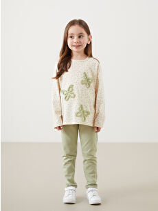 LCW Kids Ekru Bisiklet Yaka Kelebekli Kız Çocuk Tişört ve Tayt 2