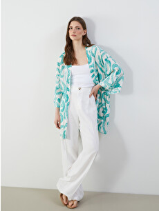 LEONARD カラフル魚柄 マリン 長袖シャツ 綿ローン ホワイト LCW Vision Shawl Collar Patterned Oversize Women's Kimono