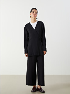 LCW Modest Siyah Kruvaze Yaka Keten Karışımlı Kadın Kimono