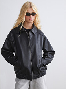 XSIDE Collared Neck Oversize Women's Faux Leather Jacket
