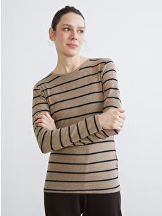 LCWAIKIKI Basic Kahverengi Bisiklet Yaka Çizgili Kadın Tişört
