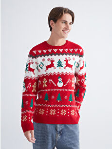 XSIDE Kırmızı Bisiklet Yaka Yılbaşı Temalı Erkek Triko Kazak