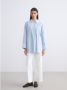 LCW Modest Mavi Çizgili Oversize Poplin Kadın Gömlek Tunik