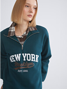 XSIDE Yeşil New York Baskılı Oversize Kadın Kalın Sweatshirt