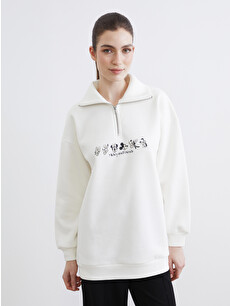 LCW Modest Beyaz Mickey Mouse Baskılı Kadın Kalın Sweatshirt Tunik
