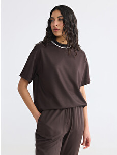 【超美品】8YARDS ♪ERITSUKI HYBRIDシャツ Latté M LCW Modest Kahverengi Bisiklet Yaka Soft Touch Kadın Tişört