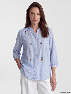 LCW Grace Frilled Notch Neck Striped Women's Shirt - S69771Z8-LEN