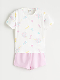 LCW Kids Bisiklet Yaka Baskılı Kız Çocuk Tişört Ve Şort - S6DC67Z1