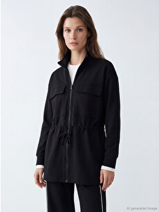 LCW Modest Siyah Dik Yaka Soft Touch Kadın Fermuarlı Sweatshirt