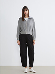 LCW Vision Gri Dik Yaka Oversize Kadın Fermuarlı Sweatshirt