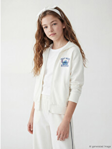 LCW Kids Stitch Printed Girls' Soft Touch Zippered Sweatshirt
