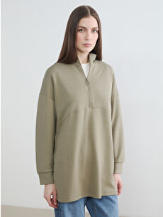 LCW Modest Haki Dik Yaka Soft Touch Kadın Sweatshirt Tunik