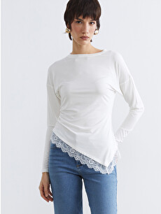 LCW Vision Crew Neck Ruched Lace Detail Blouse - S6LM78Z8-R9J | LC