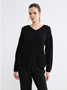 LCW Vision V-neck Knit Sweater With Lace Detail - S6NC79Z8-CVL