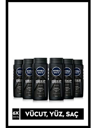 NIVEA Men Deep Dimension Duş Jeli 500 ml X6 Adet Saç Yüz Ve Vücut İçin