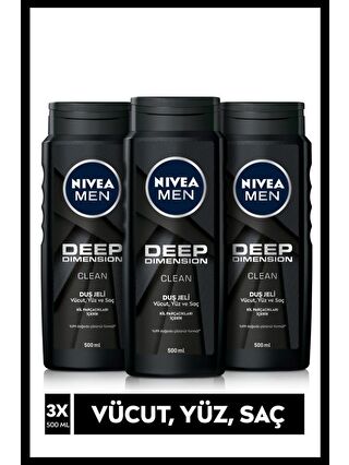 NIVEA Men Deep Dimension Duş Jeli 500 ml X3 Adet, Saç, Yüz Ve Vücut İçin