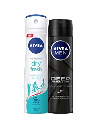 NIVEA Dry Fresh Kadın Deodorant Sprey 150 ml+Deep Dimension Erkek Deodorant Sprey 150 ml