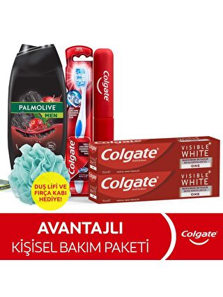 Colgate Diş Macunu 75 ml X2, Orta Diş Fırçası, Palmolive Men Duş Jeli 500 ml + Duş Lifi & Fırça Kabı