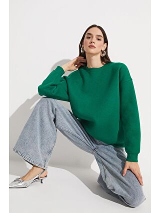 June Yeşil Bisiklet Yaka Basic Sweatshirt