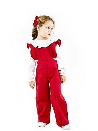 Catz Kids Kırmızı Gabardin Doa Tulum + Keten Çiçek Yaka Gömlek + 2 Toka