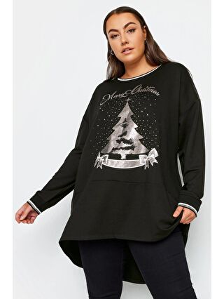 Stil Diva Siyah Büyük Beden Bisiklet Yaka Arkası Uzun Yılbaşı Temalı Sweatshirt 302912