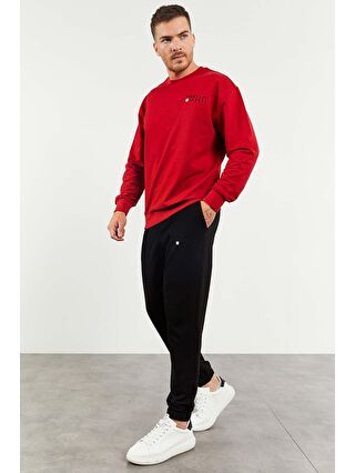 TOMMYLIFE Kırmızı - Siyah Casual O Yaka Lastik Paça Erkek Oversize Eşofman Takımı - 85120