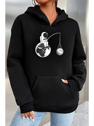 uyguntarz Siyah Unisex Uzay Temalı Baskılı Sweatshirt