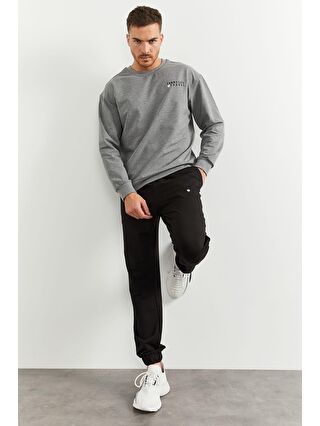 TOMMYLIFE Gri Melanj - Siyah Casual O Yaka Lastik Paça Erkek Oversize Eşofman Takımı - 85120