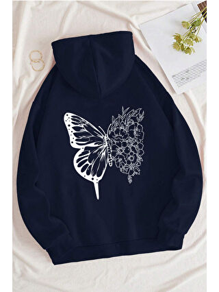 uyguntarz Lacivert Unisex Drawing Butterflies Sırt Baskılı Sweatshirt