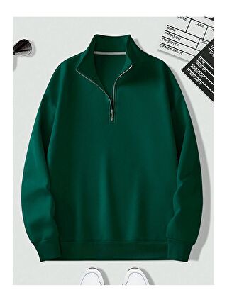 Trendseninle Kadın 3 İplik Nefti Yeşil Metal Fermuarlı Dik Yaka Oversize Sweatshirt