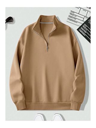 Trendseninle Bej Kadın 3 İplik Vizon Metal Fermuarlı Dik Yaka Oversize Sweatshirt