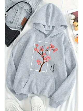 uyguntarz Gri Cherry Tree Baskılı Oversize Sweatshirt