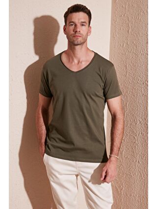 Buratti Haki % 100 Pamuk Slim Fit V Yaka Basic T Shirt 5412001