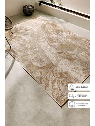 Ocean Home Textile Leke Tutmaz İç Dış Mekan Bej Renk Tropikal Desenli Halı Kilim 160 x 230 cm