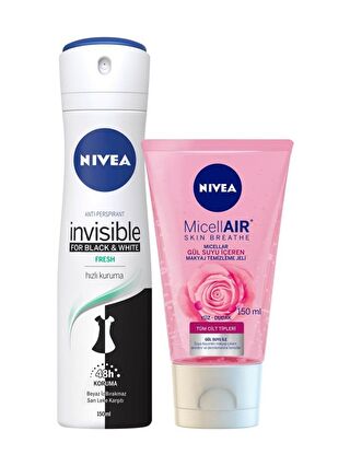 NIVEA Yüz Bakım Rose Yüz Temızleme Jelı 150 ml + Deodorant Black &White Fresh Kadın 150 ml