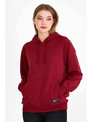 MMETALIC Metalic Kadın Bordo Kapüşonlu Basic Örme Sweatshirt