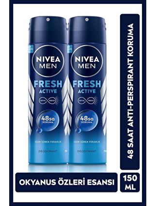 NIVEA Men Fresh Active Erkek Sprey Deodorant 150 ml x2 Adet, 48 Saat Anti-Perspirant Koruma