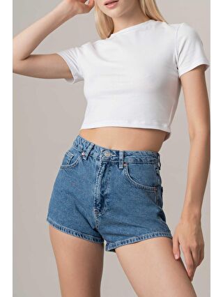 it's basic Kadın Mavi Renk Mom Fit Mini Denim Şort