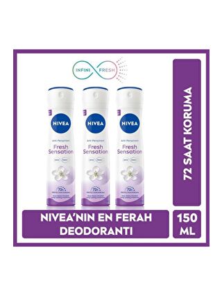 NIVEA Kadın Sprey Deodorant Fresh Sensation 150 ml X3 Adet, 72 Saat Anti-Perspirant Koruma