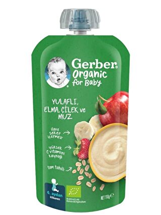 Gerber Organic Yulaflı Elma, Çilek ve Muz Püresi 110g?