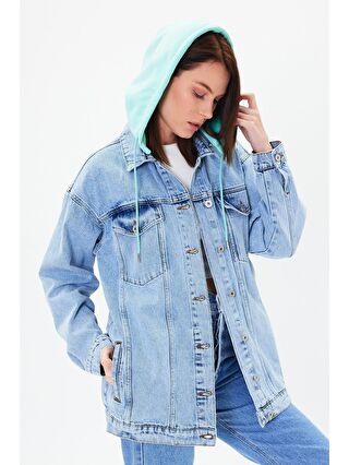 Explode Kadın Mavi Kapüşonlu Oversize Denim Ceket