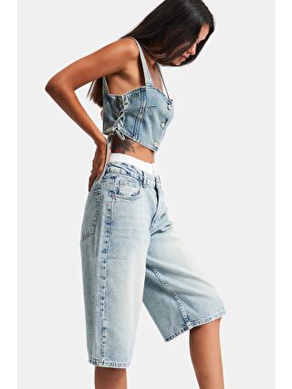 it's basic Yeşil Kadın G Jean Rengi Süper Uzun Boxer Detaylı Wide Leg Denim Şort