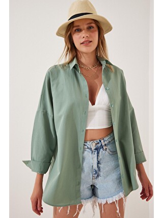 Hazelin Kadın Çağla Yeşili Oversize Uzun Basic Gömlek Hzl22w