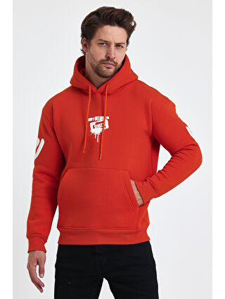 Tarz Cool Turuncu Erkek Standart Fit Normal Kesim Içi Polarlı 3 Iplik Kapüşonlu Pamuklu Sweatshirt