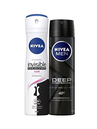 NIVEA Black&White Clear Kadın Deodorant Sprey 150 ml+Deep Dimension Erkek Deodorant 150 ml 2'li Paket